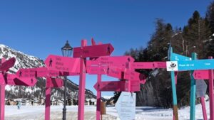 an array of signposts on a ski slope