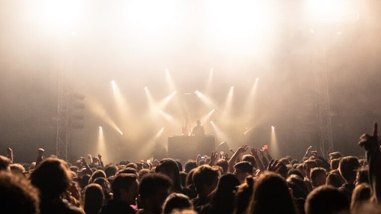 multiple spotlights pour onto a stage before the head and arms of an audience