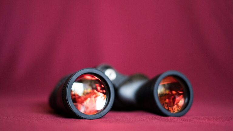 A small pair of binoculars on a purple backdrop