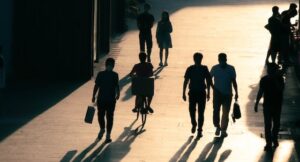 a silhouette of 4 three pedestrians with a cyclist having just past between them, cycling away from the camera