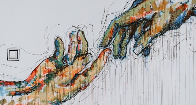 a painting of two hands, barely touching at one fingertip each