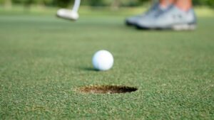 a low angle shot of a golf ball being putted towards the hole