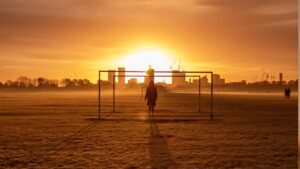a silhouette of a person standing between goal posts, set against a sunset